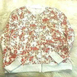 Orange Floral Boutique Brand Size Medium Zip Up Bomber Coat White Trim